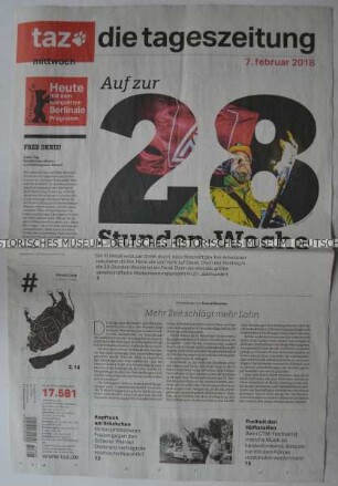 Tageszeitung "taz. die tageszeitung" mit Titel zur Regulierung der Arbeitszeit in Deutschland