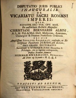 Disp. iuris publ. inaug. de vicariatu Sacri Romani Imperii