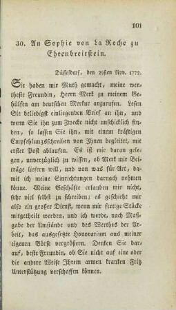 30. An Sophie von La Roche zu Ehrenbreitstein.