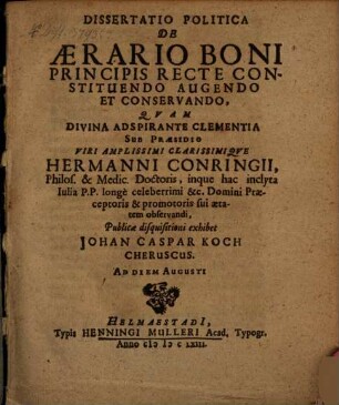 Dissertatio Politica De Aerario Boni Principis Recte Constituendo Augendo Et Conservando