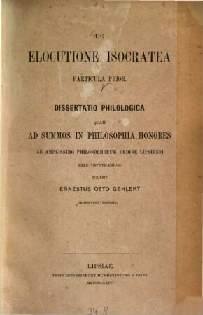 De elocutione Isocratea pars I : Dissert.