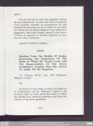 XXIII Mazbata From The Medjlis Of Adalia, Respecting The Reputation Of The House In Which Mr. Brodie Lived, And The Respectability Of The Above Gentleman's Conduct Since His Arrival To Adalia Till His Departure.