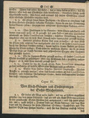Caput IV. Von Kirch-Gängen und Einseegnungen der Sechs-Wöcherinnen.