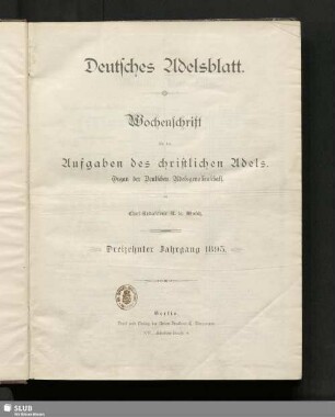 13.1895,1/52: Deutsches Adelsblatt : Zeitschrift der Deutschen Adelsgenossenschaft für die Aufgaben des christlichen Adels