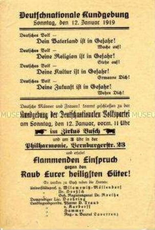 Wahlflugblatt der DNVP mit einem Aufruf zu einer Kundgebung