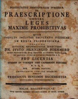 Dissertatio inauguralis iuridica de praescriptione contra leges maxime prohibitivas