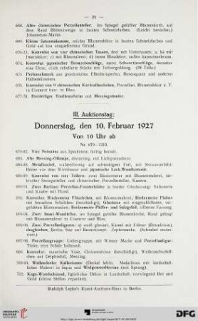 III. Auktionstag: Donnerstag, den 10. Februar 1927 Von 10 Uhr ab (Nr. 679-1210)