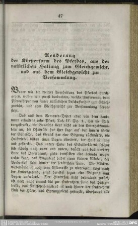 Aenderung der Körperform des Pferdes, aus der natürlichen Haltung zum Gleichgewicht, und aus dem Gleichgewicht zur Versammlung