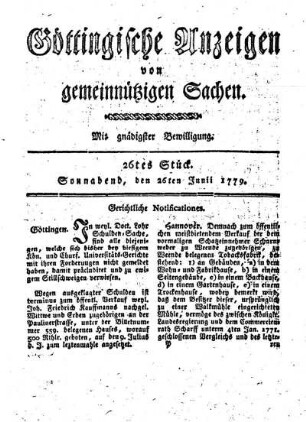 26tes Stück. Sonnabend, den 26ten Junii 1779.