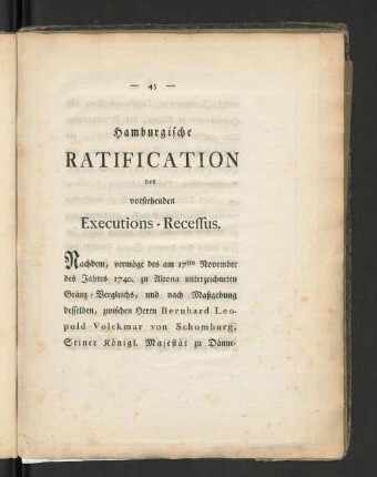 Hamburgische Ratification des vorstehenden Executions - Recessus.