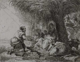 Ruhe auf der Flucht mit musizierenden Engeln, Joseph betet das Jesuskind an
