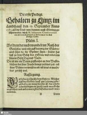 Die erste Predigt. Gehalten zu Lintz im Landthauß den 19. September Anno 1585 ...