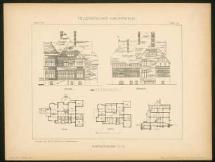 Villa Herthastraße, Berlin-Grunewald: Grundrisse, Schnitt und Ansichten (aus: Die Villenkolonie Grunewald, hrsg. von Egon Hessling, Berlin 1903)