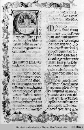 Missale Romanum : Textseite mit floraler Randseitenbordüre und historisierter Initiale C: Schmerzensmann