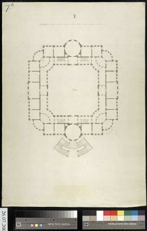 Grundriss eines quadratischen Schlossneubaus (Variante) mit vorgesetzter Freitreppe
