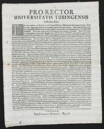 Pro-Rector Universitatis Tubingensis Lectoribus Salut.