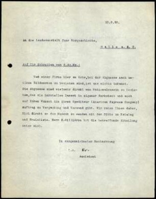 W. Kraiker an Landesanstalt für Vorgeschichte