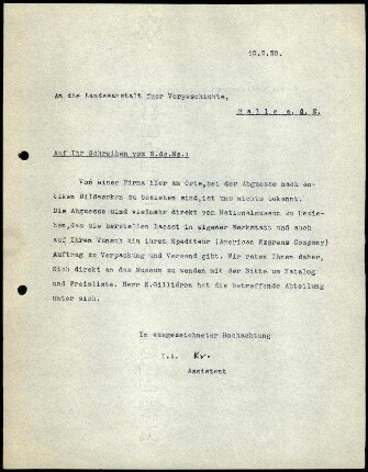 W. Kraiker an Landesanstalt für Vorgeschichte