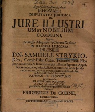 Disputatio Juridica De Jure Illustrium Et Nobilium Communi