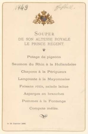 Menükarte : Souper de Son Altesse Royale le Prince Regent
