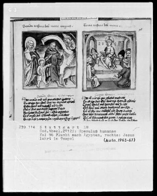 Zwei Schriften — Speculum humanae salvationis — Textseite mit zwei Miniaturen, Folio 96recto