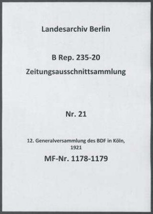 12. Generalversammlung des BDF in Köln, 1921