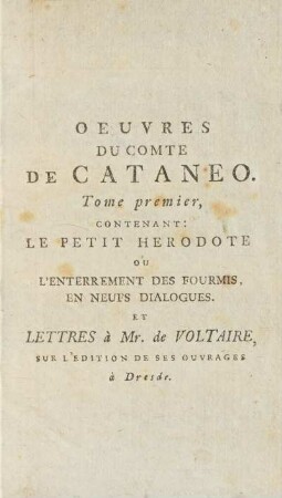 Tome premier: Oeuvres du comte de Cataneo