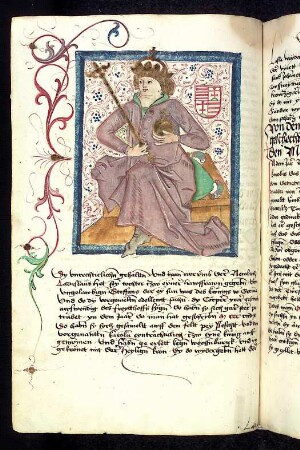 Thronender ungarischer Herrscher: König Karl; von Rankenwerk umgeben.