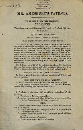 Advertissement concerning Mr. Amesbury's Patents for his treatment of deformities weaknesses
