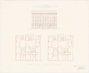 Haus Karuth, Breslau: Aufriss der Straßenfassade, Grundriss Erdgeschoss, Grundriss 1.Obergeschoss, Maßstabsleiste