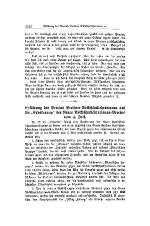 Erklärung des Vereins Berliner Volksschullehrerinnen auf die "Erwiderung" des Neuen Volksschullehrerinnen-Verein vom 4. Juli