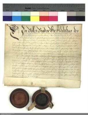 Lehenbrief Adolfs [von Dalberg], Abt von Fulda, für Lorenz Müller über ein Burggut und mehrere im Einzelnen aufgeführte Güter in und bei Bad Brückenau