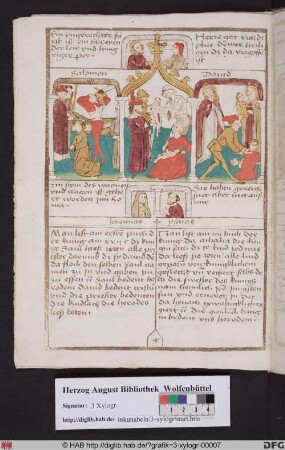 Drei biblische Szenen umgeben von vier Propheten. Links Saul lässt die Priester töten, mittig der Kindermord in Bethlehem, rechts Athalia lässt die Königskinder töten.