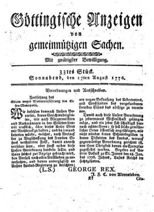 33tes Stück. Sonnabend, den 17ten August 1776.