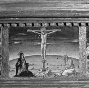Altaraufsatz: Madonna zwischen Heiligen — Predella — Kreuzigung