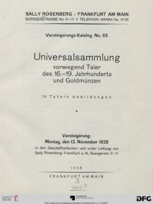 Universalsammlung vorwiegend Taler des 16. - 19. Jahrhunderts und Goldmünzen : Versteigerung: 12. November 1928