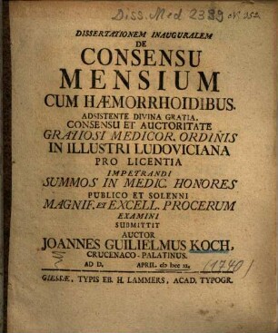Dissertationem Inauguralem De Consensu Mensium Cum Haemorrhoidibus