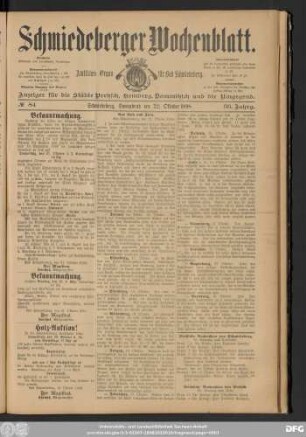 Schmiedeberger Wochenblatt, No 84 Schmiedeberg, Sonnabend den 22. Oktober 1898
