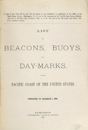 List of beacons, bouys, and day marks on the Pacific Coast of the United States. 1894 (1895)