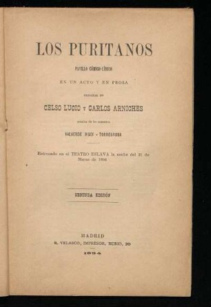 Los puritanos : pasillo cómico-lírico en un acto y en prosa
