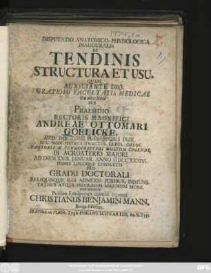 Disputatio Anatomico-Physiologica Inauguralis De Tendinis Structura Et Usu
