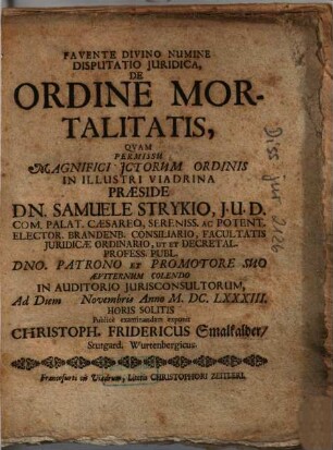 Disputatio Iuridica, De Ordine Mortalitatis