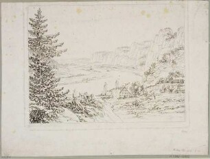 Das Elbtal bei Rathen in der Sächsischen Schweiz, Blick von oberhalb auf das alte Erbgericht nach Westen