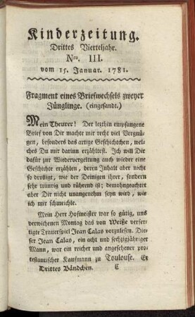 Kinderzeitung. Drittes Vierteljahr. Nro. III. vom 15. Januar. 1781.