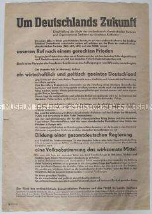 Flugblatt mit dem Wortlaut der Entschließung des Demokratischen Blocks Sachsen zur Londoner Konferenz der Außenminister der Alliierten