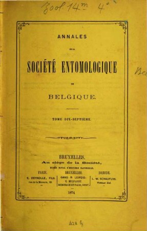 Annales de la Société Entomologique de Belgique. 17, 17. 1874
