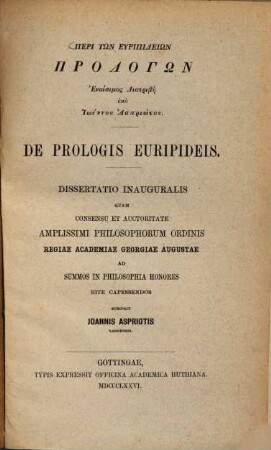 De prologis Euripideis :  (Goettinger Diss.)