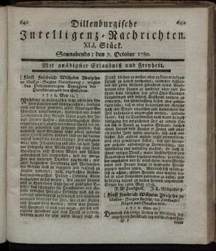 XLI. Stück. Sonnabends : den 7. October 1780.