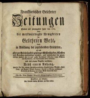 27: Frankfurtischer gelehrter Zeitungen Sieben und zwanzigstes Jahr
