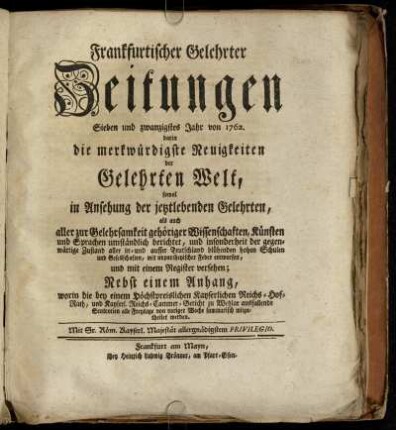 27: Frankfurtischer gelehrter Zeitungen Sieben und zwanzigstes Jahr